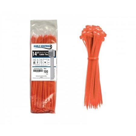 KABLE KONTROL Zip Ties - 14in Long - 100 Pc Pk - Fluorescent Orange - Nylon - 50 Lbs Tensile Strength CT514FL-OR-100